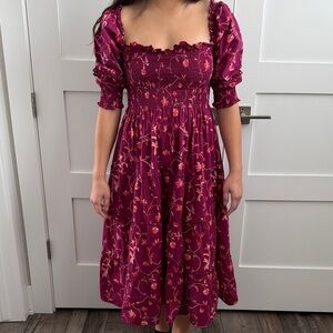 Burgundy Floral Smocked Midi Dress By Hill House “ The Nap Dress” XS